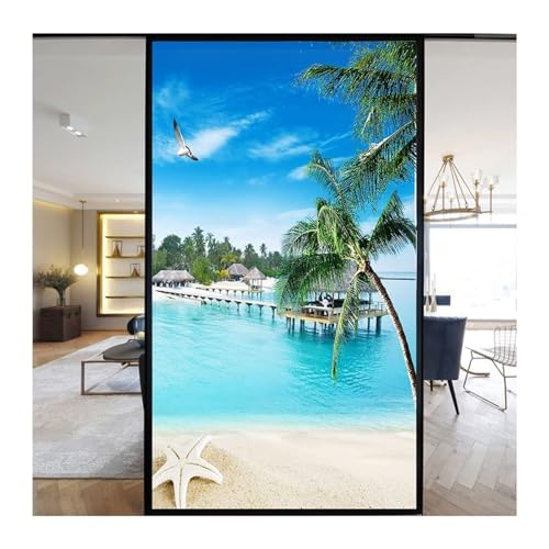 Fensterfolie Selbsthaftend Blickdicht Strand Meer Sichtschutzfolie Fensterfolie Anti-Uv Dekorfolie Statisch Fensteraufkleber Für Wohnzimmer Küche Büro 50x120cm von Generic