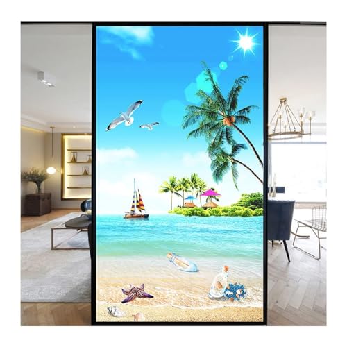 Fensterfolie Selbsthaftend Strand Meer Fensterfolie Blickdicht 3D Glasaufkleber Statisch Selbsthaftend Ohne Kleber Uv Schutz Fensterfolie Milchglas 50x100cm von Generic