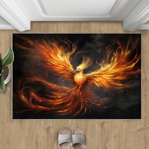 Flammen-Phönix Teppich Brennende Flammenvögel Kleine Teppiche Moderner Minimalismus Schwarz 50x80 Rug Phönix Vorleger Rutschfester Teppich Für Stark Frequentierte Bereiche von BEQUTIY