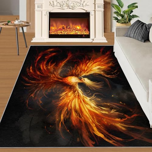 Flammen-Phönix Teppich Brennende Flammenvögel Kleine Teppiche Moderner Minimalismus Schwarz 60x90 Rug Phönix Vorleger Rutschfester Teppich Für Stark Frequentierte Bereiche von BEQUTIY