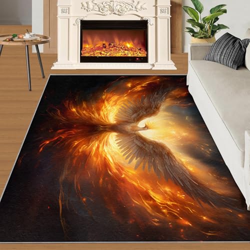 Flammen-Phönix Teppich Flammen Fabeltiere Kinderteppiche Moderner Minimalismus Schwarz 70x120 Rug Phönix Vorleger Rutschfester Teppich Für Stark Frequentierte Bereiche von BEQUTIY
