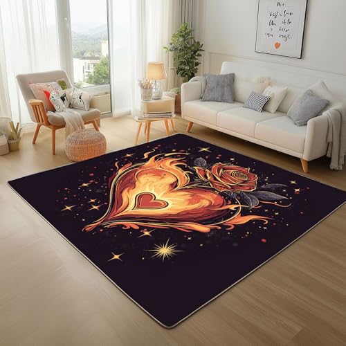 Flammendes Herz Rose Teppich Wohnzimmer 200x300cm Rugs for Living Room, Waschbare Teppiche Kurzflor rutschfest Weich Gemalte Flammensternblumen Teppisch für Schlafzimmer Kinderzimmer Flammendes Herz Rose Teppich Wohnzimmer 200x300cm Rugs for Living Room, Waschbare Teppiche Kurzflor rutschfest Weich Gemalte Flammensternblumen Teppisch für Schlafzimmer Kinderzimmer von Generic