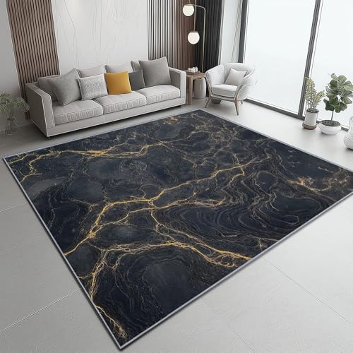 Flanell Teppich, Abstrakt Marmor Linie Druck Design weicher Teppich, Heimdekoration für Wohnzimmer Schlafzimmer Bodenteppich, 80 x 150 cm, pflegeleicht - Schwarz Gold von Generic