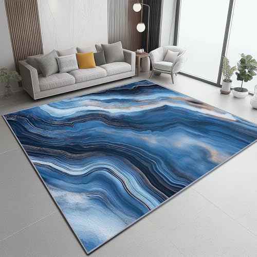 Flanell Teppich, Linien Fließen Textur Druck Design weicher Teppich, Heimdekoration für Wohnzimmer Schlafzimmer Bodenteppich, 80 x 150 cm, pflegeleicht - Marineblau Silber von Generic