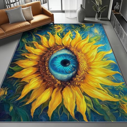 Flanell Teppich 120 X 170 cm Abstrakter Stil Sonnenblume Augen Design, Kurzflor & Flauschig, Waschbar, rutschfest, Weich & Hautfreundlich, Teppich Für Schlafzimmer, Esszimmer, Wohnzimmer, Gelb Blau von Generic