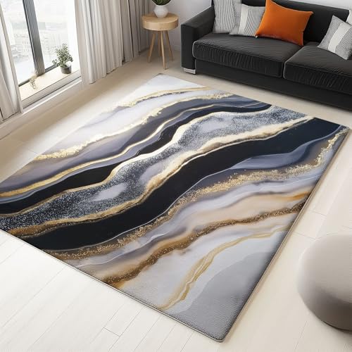 Flanell Teppich 140 x 200 cm, kurzflor rutschfest Teppiche Natur Marmor Textur Musterdruck Bodenüberwurfmatte, Weiß Gold Waschbare Teppich für Schlafzimmer Wohnzimmer von Generic