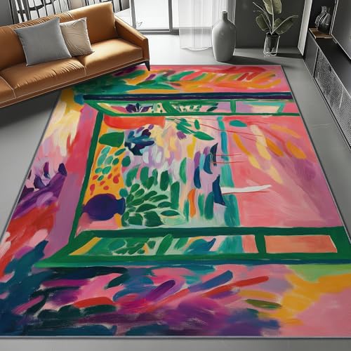 Flanell Teppich Wohnzimmer Impressionismus – Kurzflor & Flauschig – Waschbar & rutschfest – Weicher Teppich Für Schlafzimmer, Esszimmer Fenster Pflanzen Und Segelboot 120 X 170 cm von Generic