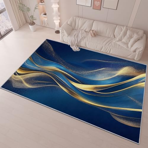 Flanell Teppich Wohnzimmer Moderner Kunststil Linien Farbverlauf – Kurzflor & Flauschig – Waschbar & rutschfest – Weicher Teppich Für Schlafzimmer, Esszimmer Blau Gold 50 X 80 cm von Generic