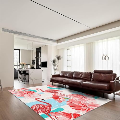 Flanell-Teppich Wohnzimmer Teppich Flamingo-Strand-Muster Weich rutschfest Waschbar Teppiche Für Schlafzimmer Esszimmer Kinderzimmer (Red,80x150cm) von Generic