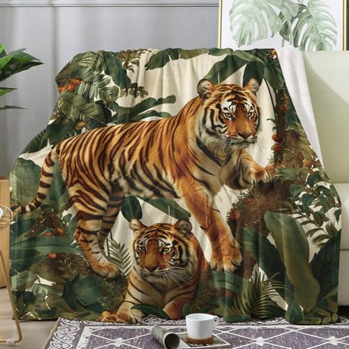 Flauschdecke für Couch,Kuschelige Wohndecken Tiger Tropisches Tier Blätter Wildlife Flanell Und Vielseitig Sofa Couchdecke S von Generic