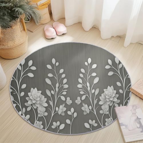 Flauschiger Runder Teppiche 160 cm, Weicher Plüsch Teppich für Schlafzimmer & Wohnzimmer, (Einfach Elegant Blumen Textur Bedruckter, Moderner Kinderteppich, Kuscheliger Teppich Grau Weiß von Generic
