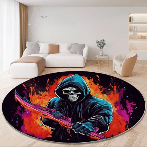 Flauschiger Runder Teppiche 160 cm, Weicher Plüsch Teppich für Schlafzimmer & Wohnzimmer, (Gotik Totenkopf Sense Tusche Bedruckter, Moderner Kinderteppich, Kuscheliger Teppich Bunt Flauschiger Runder Teppiche 160 cm, Weicher Plüsch Teppich für Schlafzimmer & Wohnzimmer, (Gotik Totenkopf Sense Tusche Bedruckter, Moderner Kinderteppich, Kuscheliger Teppich Bunt von Generic
