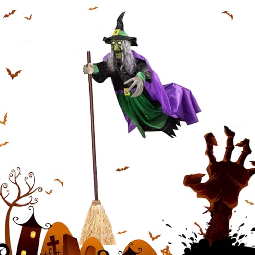 Fliegende Hexe – Halloween-Dekorationen im Freien, hängende fliegende Gruselfiguren, festliche beleuchtete Requisiten, sprechende animierte Hexe, leuchtende Augen, geräuschaktiviert, für von Generic