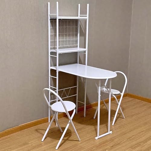 Folding Wall-Mounted Dining Table Set with 2 Chairs, Space-Saving Metal Kitchen Table & Large Storage Shelf, Small Home Office or Dining Room (White) von Generic