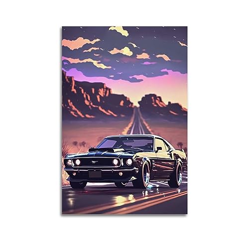 Ford Mustang on Route Poster, Wandkunst, Leinwand, Geschenk für Freund, Schlafzimmer, Wohnzimmer, Dekoration, modern, ästhetisch, 20 x 30 cm, ungerahmt von Generic