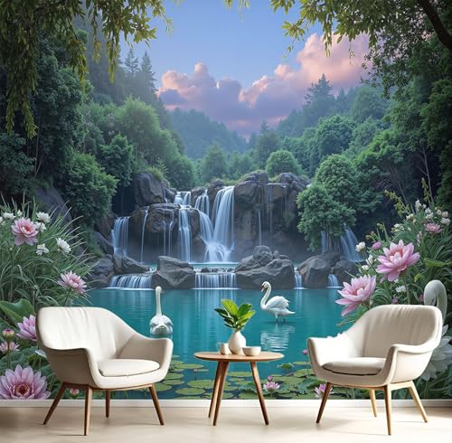 Fototapete 150X105Cm, Waldwasserfall Wanddeko Foto Tapete Schlafzimmer Wohnzimmer Seidentuch Tapete, Blaugrün Lotus Im Teich Wand Dekoration Fototapete 150X105Cm, Waldwasserfall Wanddeko Foto Tapete Schlafzimmer Wohnzimmer Seidentuch Tapete, Blaugrün Lotus Im Teich Wand Dekoration von Generic