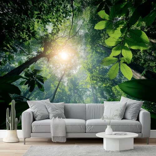 Fototapete 350 x 256 cm Tapete Fototapeten Vlies Tapeten Vliestapete Wandtapete Schlafzimmer Wohnzimmer Kinderzimmer Wanddeko Motivtapeten, Natur Dschungel Pflanzen Sonnenschein 3d Effekt Grün Gold von Generic