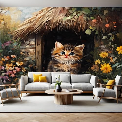 Fototapete 350 x 256 cm Tierisches süßes Kätzchen Vlies Tapete 3D Effekt Mustertapete Wanddeko Design Schlafzimmer Wohnzimmer Lounge Flur TV Hintergrund Wand Mural von Generic