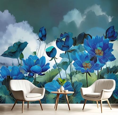 Fototapete 3D Effekt Dekoration, Blauer Lotus Wandbild 450X315Cm Seidentuch Tapete Wandtapeten, Graugrün Tuschemalerei-Stil Wandbilder Fototapete Panorama Wanddeko Fototapete 3D Effekt Dekoration, Blauer Lotus Wandbild 450X315Cm Seidentuch Tapete Wandtapeten, Graugrün Tuschemalerei-Stil Wandbilder Fototapete Panorama Wanddeko von Generic