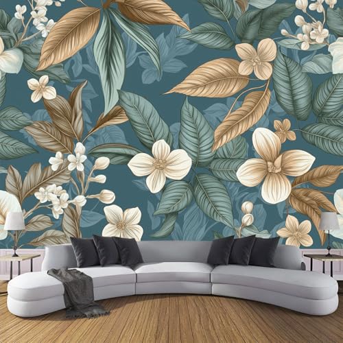 Fototapete 3D Effekt Dekoration, Tropische Blumen Wandbild 350×256Cm (B×H) Seidentuch Tapete Wandtapeten, Dunkelblau Elegant Raffiniert Wandbilder Fototapete Panorama Wanddeko von Generic