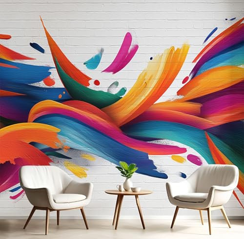 Fototapete 450X315Cm, Abstrakter Doodle-Stil Wanddeko Foto Tapete Schlafzimmer Wohnzimmer Seidentuch Tapete, Gemischte Farben Weißer Backsteinmauerhintergrund Wand Dekoration von Generic
