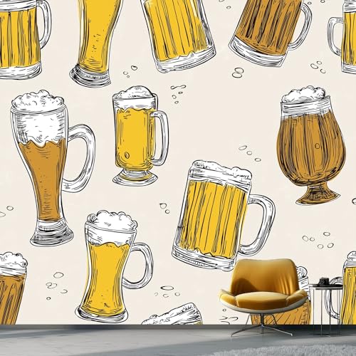 Fototapete Bierkrug-Muster 350 x 256 cm, Cartoon-Graffiti-Stil Tapete Vlies Wanddeko Wallpaper Wandtapete Dekoration Study Zimmer Wohnzimmer Restaurant Cafe, Hellbraun von Generic