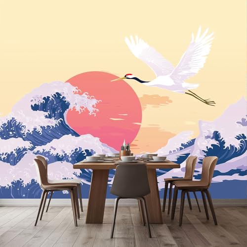 Fototapete Japanischer Stil Wellen Kraniche Sonne Vlies Tapete 400 x 280 cm 3D Effekt Wandbild Wandtapete Moderne Wohnzimmer Mural Schlafzimmer Kinderzimmer Wand Küchentapete Wandtapete Bunt von Generic