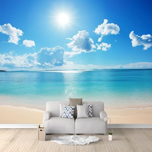 Fototapete Natur Strand Mit Blauem Himmel wandbild 300 x 210 cm Vliestapete für Wohnzimmer Schlafzimmer Büro Wandtapete Hellblau panorama-tapetenwandbild Wand tapete dekoration von Generic