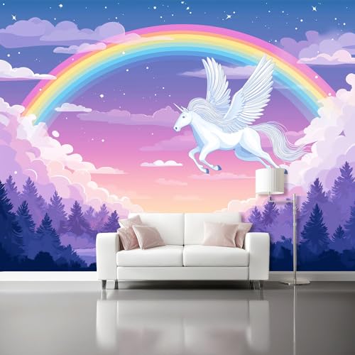 Fototapete Regenbogenmuster 350 x 256 cm, Verträumter Pegasus-Stil Tapete Vlies Wanddeko Wallpaper Wandtapete Dekoration Study Zimmer Wohnzimmer Restaurant Cafe, Rosa Lila von Generic