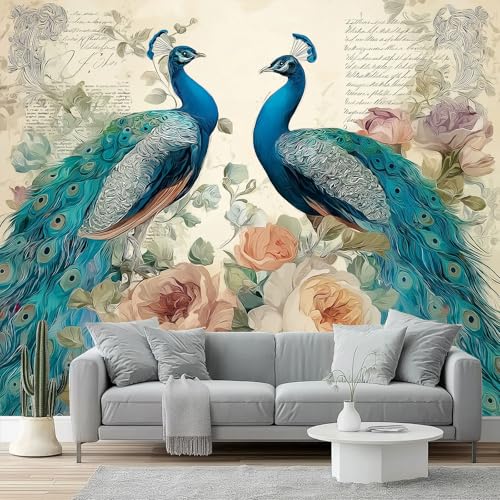 Fototapete Retro-Tiere Pfauenblumen Tapete 3D Effekt Vliestapete Wandbild, Blau Creme Vlies Tapeten Wandtapeten für Schlafzimmer Wohnzimmer TV Wand Moderne Wanddeko, 250 x 175 cm Fototapete Retro-Tiere Pfauenblumen Tapete 3D Effekt Vliestapete Wandbild, Blau Creme Vlies Tapeten Wandtapeten für Schlafzimmer Wohnzimmer TV Wand Moderne Wanddeko, 250 x 175 cm von Generic
