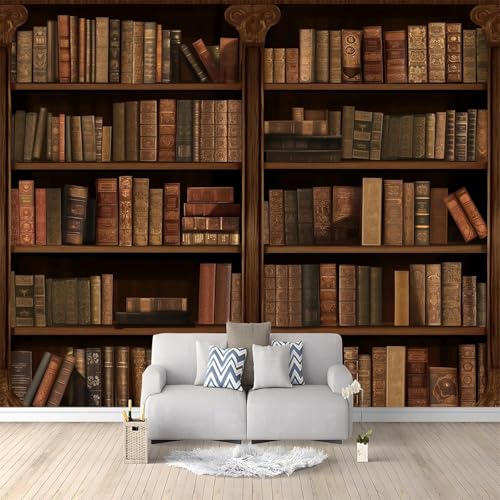 Fototapete Selbstklebend Vintage Bücherregal 3D Effekt Foto Tapete Bibliothek 350x250 cm Seidenstoff Wandtapete Wohnzimmer Schlafzimmer Bildtapete für Wand Deko A-6364 von Generic