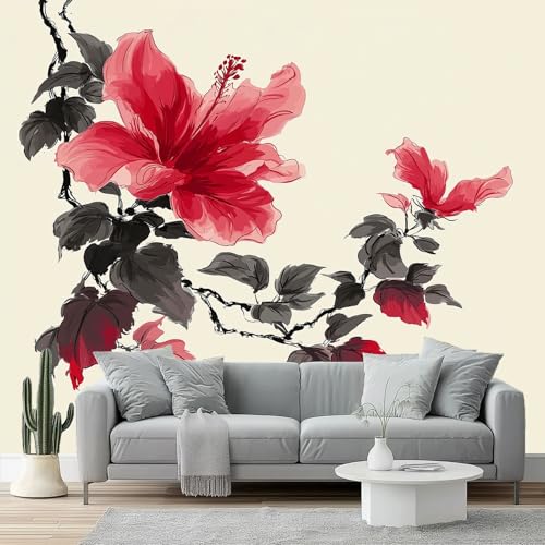 Fototapete Traditionell Tuschemalerei Pflanzen Blumen Tapete 3D Effekt Vliestapete Wandbild, Creme Rot Vlies Tapeten Wandtapeten für Schlafzimmer Wohnzimmer TV Wand Moderne Wanddeko, 400 x 280 cm Fototapete Traditionell Tuschemalerei Pflanzen Blumen Tapete 3D Effekt Vliestapete Wandbild, Creme Rot Vlies Tapeten Wandtapeten für Schlafzimmer Wohnzimmer TV Wand Moderne Wanddeko, 400 x 280 cm von Generic
