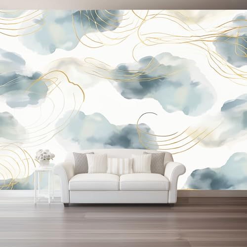 Fototapete Vlies Abstrakter Aquarellstil Wanddeko Wandbild Wandtapete, Tapete Linien Motivtapeten für Wohnzimmer Schlafzimmer 350 x 256 cm, Hellblau von Generic