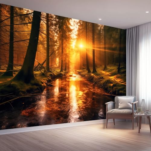 Fototapete Vlies Natürlicher Stil Wanddeko Wandbild Wandtapete, Tapete Sonnenlicht Durch Bäume Motivtapeten für Wohnzimmer Schlafzimmer 400 x 280 cm, Orange-Gelb von Generic