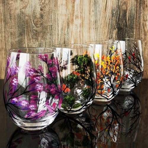 Four Seasons Baum Weingläser - Handbemalte Kunst Weinglas, Frühling Sommer Winter Herbst Farbige Bemalte Glaswaren Dekorative Weingläser Set, Einzigartiges Einweihungsgeschen, Stemless Glass, Set of 4 Four Seasons Baum Weingläser - Handbemalte Kunst Weinglas, Frühling Sommer Winter Herbst Farbige Bemalte Glaswaren Dekorative Weingläser Set, Einzigartiges Einweihungsgeschen, Stemless Glass, Set of 4 von Generic