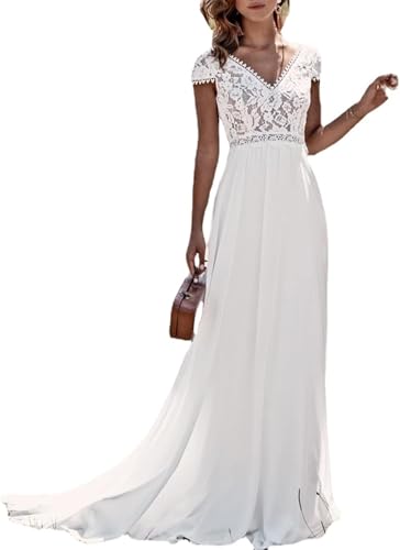 Frauen Elegantes Brautkleid Kurzärmeliges Brautkleid Mit Schleppe V-Ausschnitt Maxi-brautjungfernkleid, White, 22W von Generic