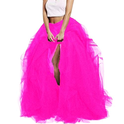 Frauen Langer Tüllrock Hohe Taille Layered Halber Rock Puff Mesh Front Geteilter A-Linien-Rock Prinzessin, 01 Rose Red, One Size von Generic