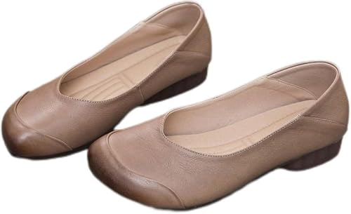 Frauen Mutter Weiblich Las Schuhe Flats Loafers rutschfest Auf Retro Ballerina National Round Toe, Khaki, 41 EU von Generic