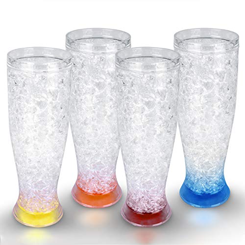 Freezer Ice Beer Mugs, Trinkgläser, Doppelwandiges Gel Frosty Bierbecher, Kühlende Weinbecher für Partys und Geschenke, Transparent 16oz 4er Set (Rot, Orange, Gelb und Blau) von Generic