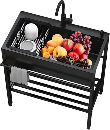 Freistehende Schwarze Spülbecken, Einzelschüssel Aus Edelstahl Mit Ablagefächern, Kommerzielles Restaurant-küchenspülen-Set Mit Wasserhahn Und Abtropffläche, Für W, 100x45x86cm von Generic