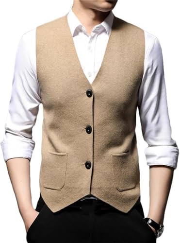 Frühling Herbst Herren ärmellose Strickjacke V-Ausschnitt Einreihiger Anzugpullover, Khaki, XXL von Generic