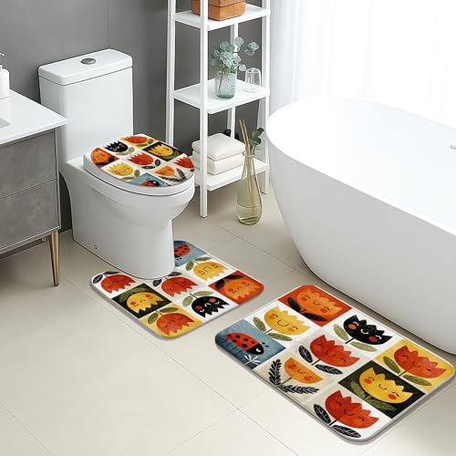 Frühlings-Badematten-Set, 3-teilig, Retro-Blumen-Design, saugfähig, rutschfest, WC-Vorleger, U-förmig, waschbar, bunte Pflanzen, schnell trocknend, Memory-Schaum, Badezimmerteppich-Set von Generic