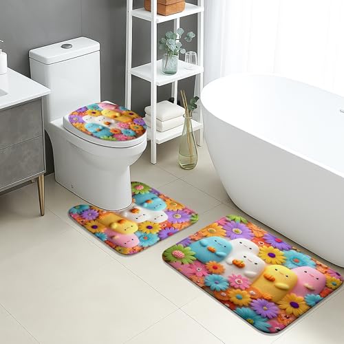 Frühlings-Badematten-Set, 3-teilig, niedliche, bunte Hühner, Blumenmuster, saugfähig, rutschfest, U-förmig, waschbar, lebendige Blume, schnell trocknend, Flanell-Badezimmerteppich-Set von Generic