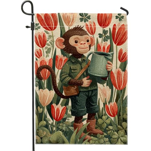 Frühlingsblumen-Gartenflagge, rote Tulpen und Affe, Gießkanne, Heimdekoration, Banner, doppelseitige Jute-Hofflagge für den Außenbereich, Rasendekoration, 30,5 x 45,7 cm von Generic