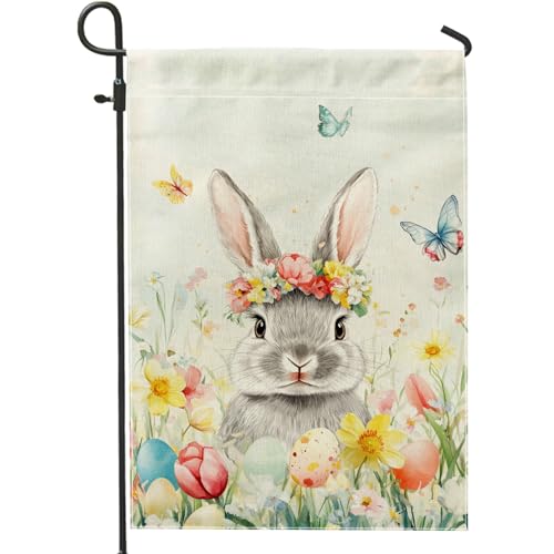 Frühlingsblumen-Hasen-Gartenflagge, niedliches graues Kaninchen mit Blumen und Eiern, Outdoor-Dekoration, doppelseitige Jute-Urlaubs-Rasenflagge für Osterdekoration, 30,5 x 45,7 cm Frühlingsblumen-Hasen-Gartenflagge, niedliches graues Kaninchen mit Blumen und Eiern, Outdoor-Dekoration, doppelseitige Jute-Urlaubs-Rasenflagge für Osterdekoration, 30,5 x 45,7 cm von Generic