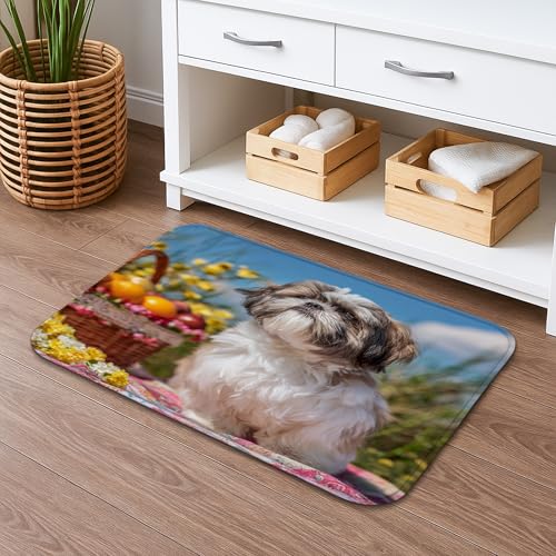 Frühlingstier-Badematte, niedliches Welpen-Blumendesign, rutschfester Duschteppich, Oster-Memory-Schaum, waschbar, Badezimmerteppich für Hunde und Katzen, 40,6 x 61 cm von Generic