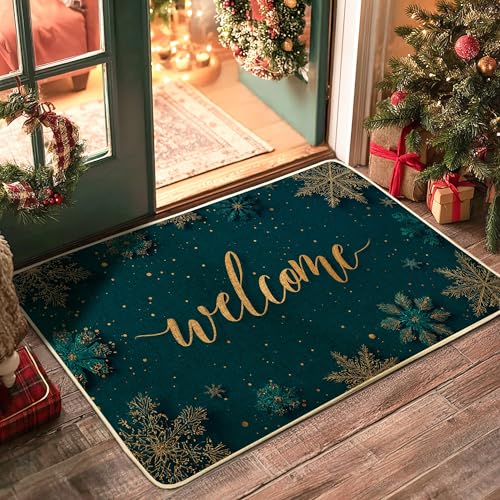 Fußmatte, Motiv: Winter-Willkommens-Fußmatte, blaugrüne Schneeflocke, für den Innen- und Außenbereich, Eingangsdekoration, Gummi, wasserdicht, rutschfest, staubabsorbierend, leicht zu reinigen, 73 x von Generic