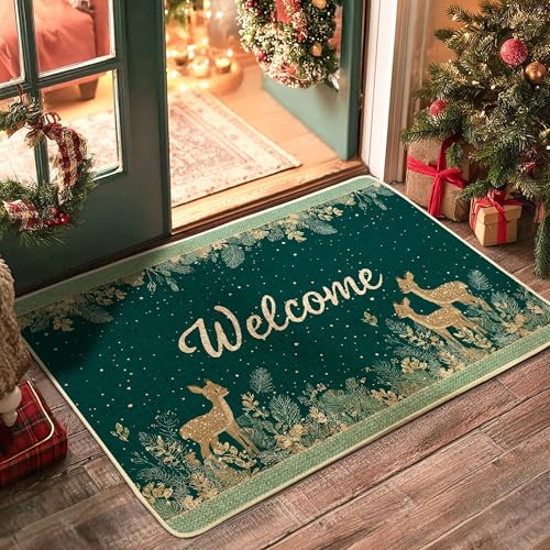 Fußmatte, Motiv: Winter-Willkommens-Motiv, blaugrüne Hirsch-Fußmatte für Innen- und Außenbereich, Eingangsbereich, Urlaubsdekoration, Gummi, wasserdicht, rutschfest, staubabsorbierend, leicht zu von Generic