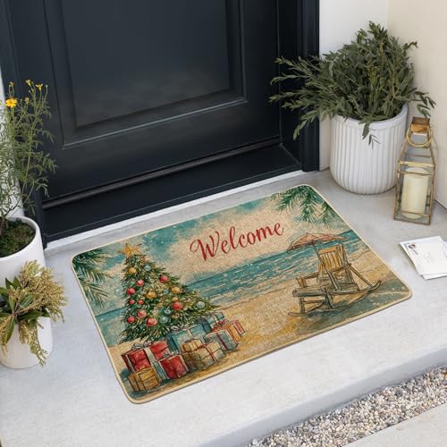 Fußmatte, Weihnachtsmotiv, bunte Urlaubsdekoration für Innen- und Außenbereich, rutschfeste Gummimatte mit Weihnachtsbaum und Strandkorb, 73,2 x 43,2 cm von Generic
