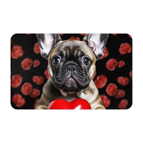 Fußmatte Französische Bulldogge Hält EIN Rotes Herz Duschvorleger Langlebig Badteppich Waschbar Badezimmerteppich Für Wäscherei Wohnzimmer Eingang 40X60CM von Generic